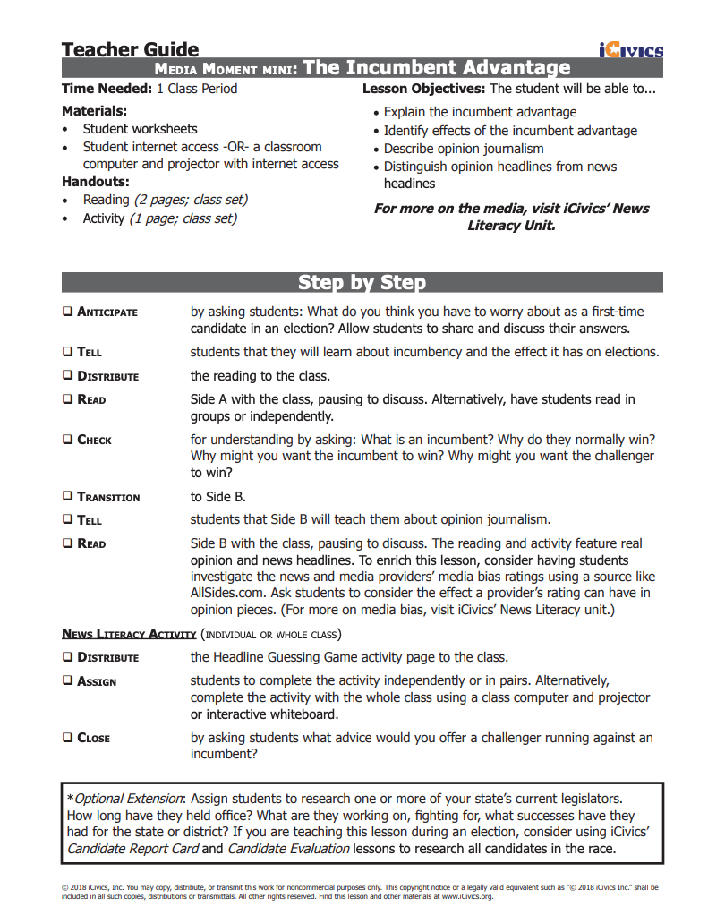 Mini-Lesson: The Incumbent Advantage Lesson Plan