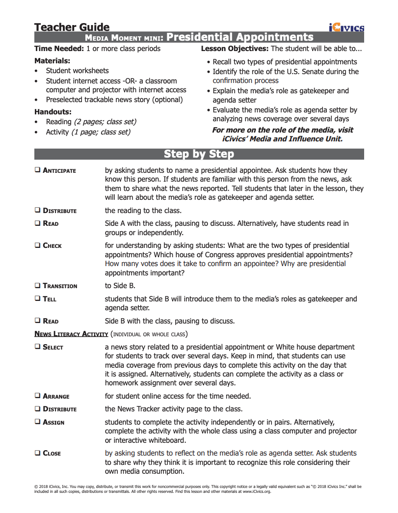 Mini-Lesson: Presidential Appointments Lesson Plan