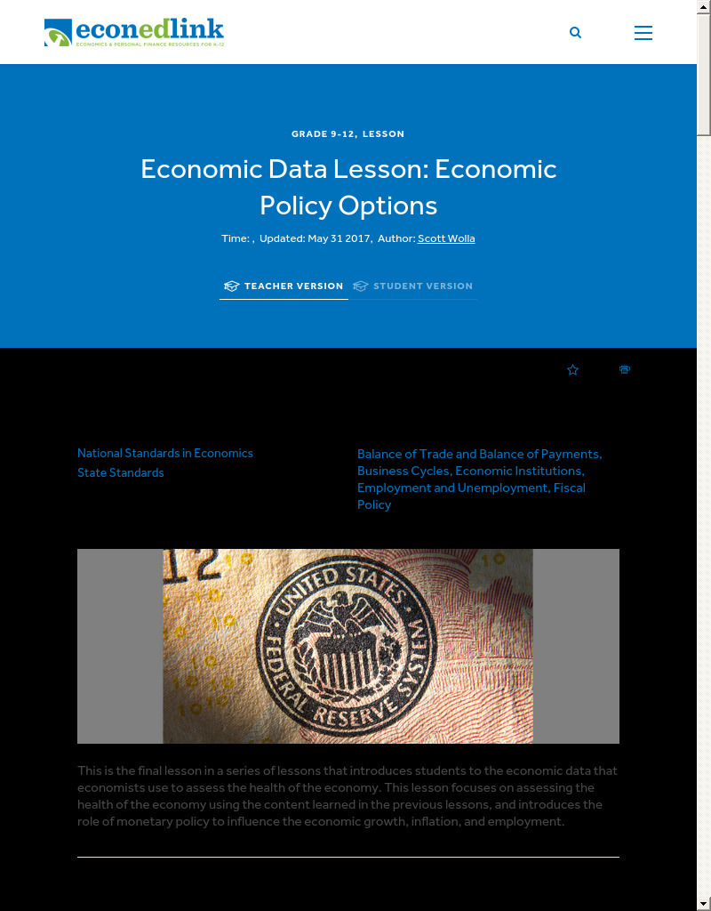 Economic Data Lesson: Economic Policy Options Lesson Plan