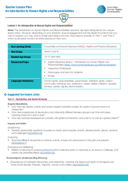 An Introduction to Human Rights and Responsibilities Lesson Plan