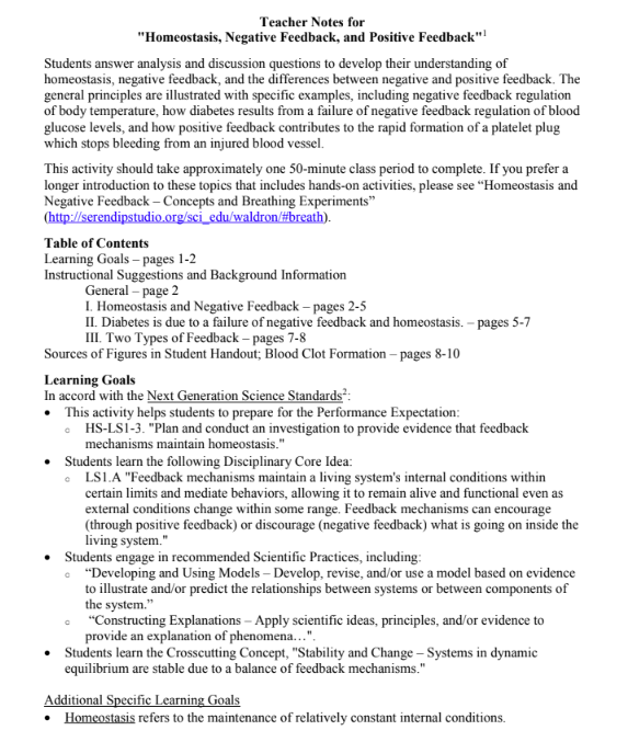 Homeostasis, Negative Feedback, and Positive Feedback Lesson Plan