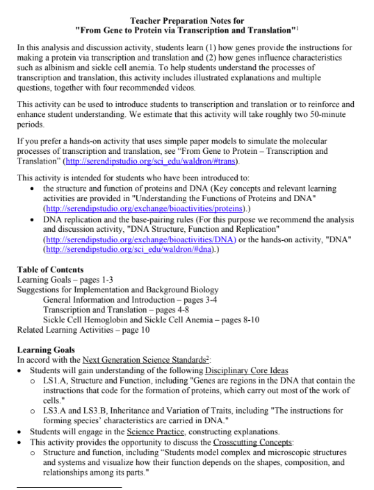 From Gene to Protein via Transcription and Translation Lesson Plan