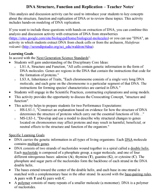 DNA Structure, Function and Replication Lesson Plan
