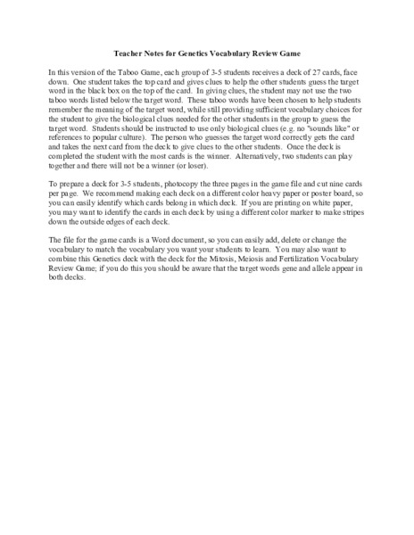 Genetics Vocabulary Review Game Activity