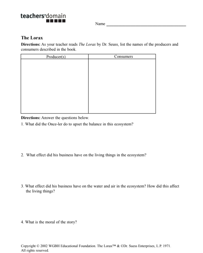 The Lorax Worksheet