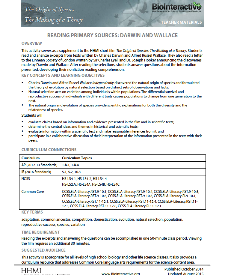 Reading Primary Sources: Darwin and Wallace Activity