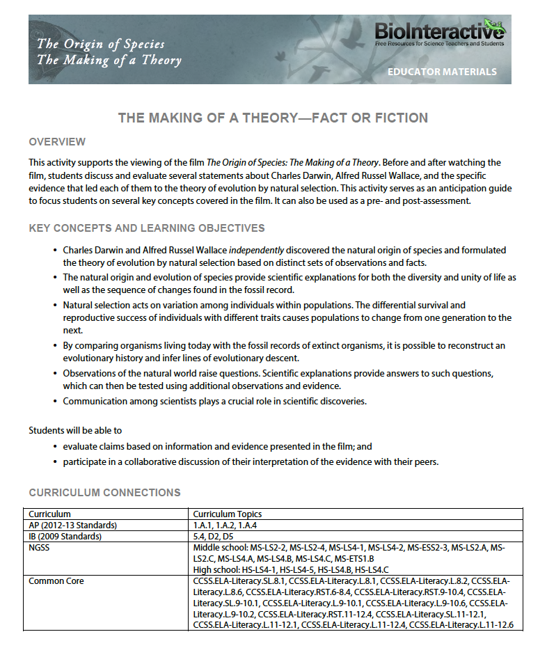 The Making of a Theory—Fact or Fiction Activity