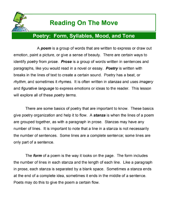 Poetry: Form, Syllables, Mood, and Tone Handout