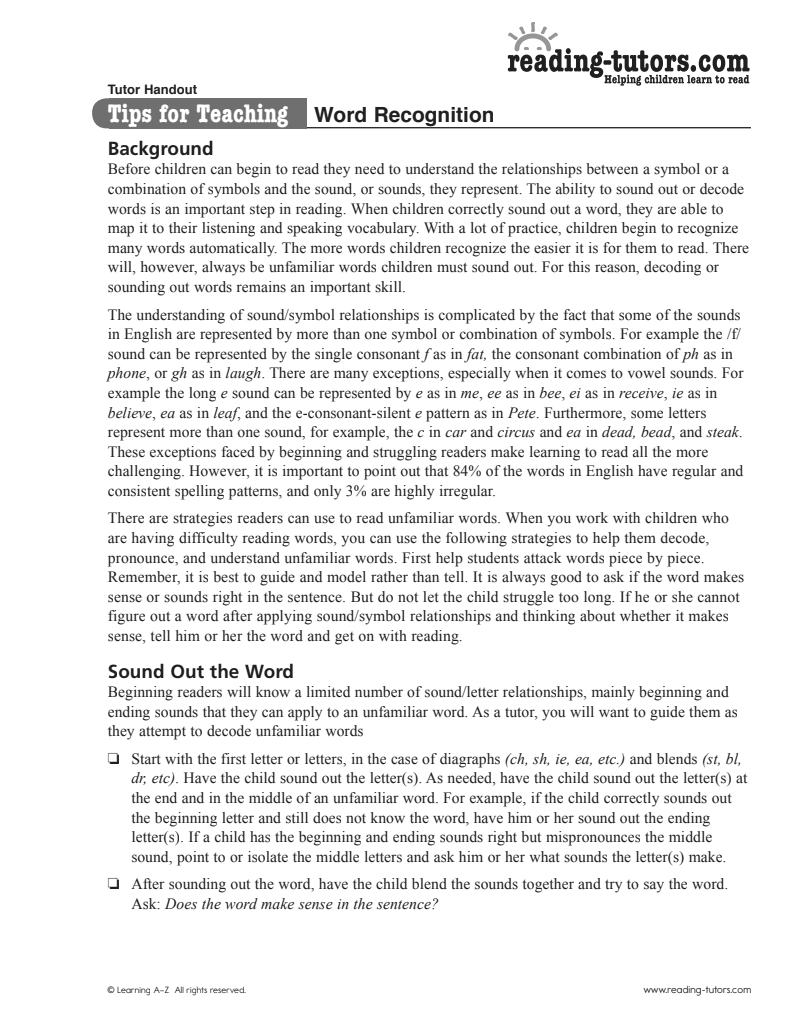 Tips for Teaching: Word Recognition Professional Doc