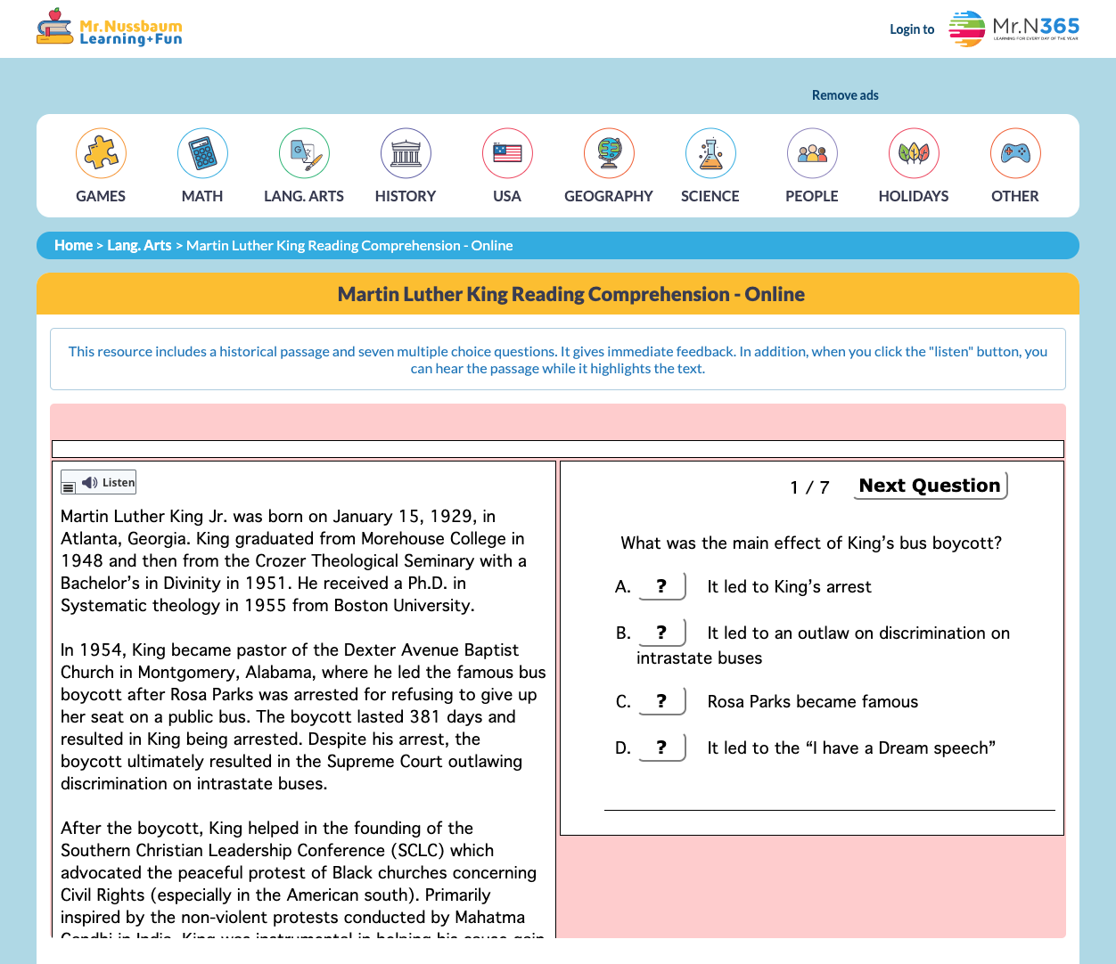 Martin Luther King Reading Comprehension Interactive