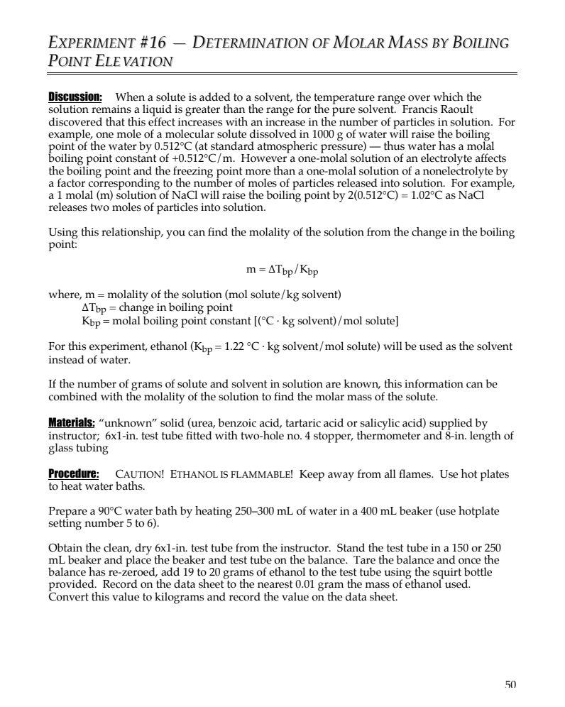 Determination of Molar Mass by Boiling Point Elevation Lab Resource