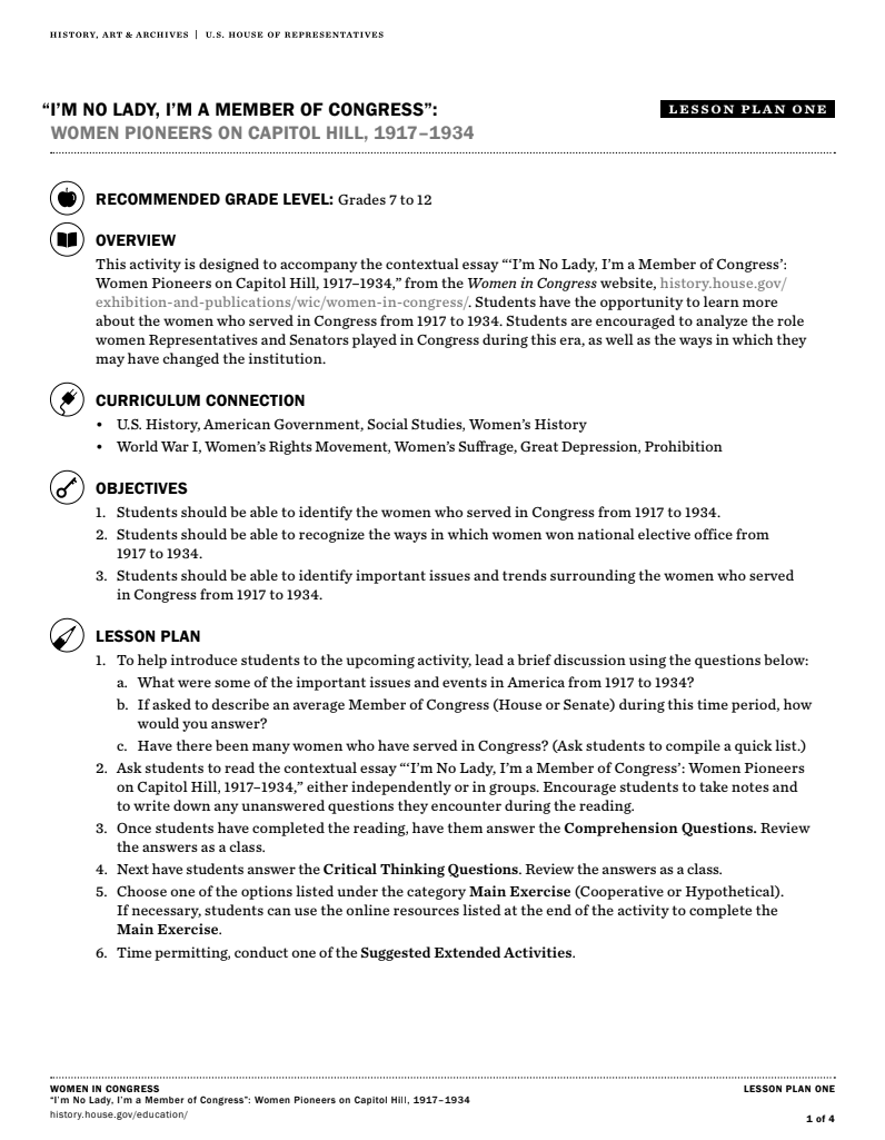 Women Pioneers on Capital Hill, 1917–1934 Lesson Plan