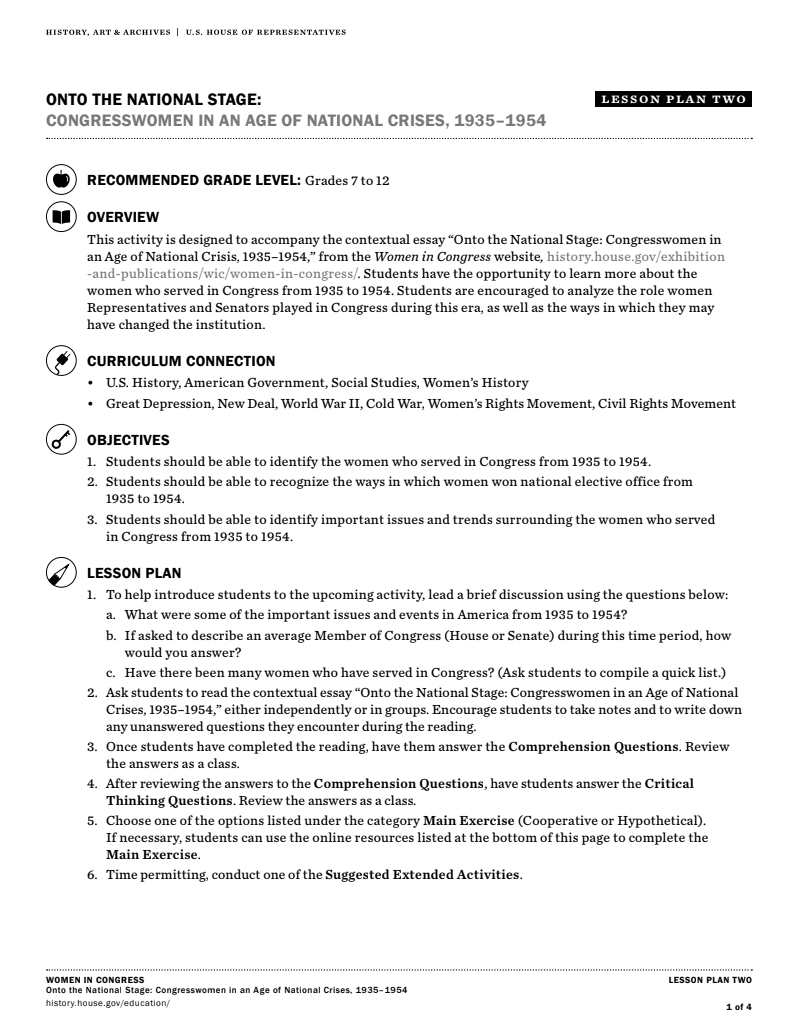 Congresswomen in an Age of National Crises, 1935–1954 Lesson Plan