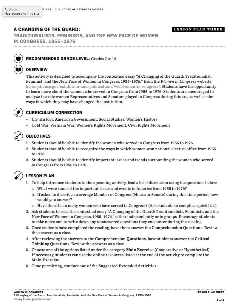 Traditionalist, Feminist, and the New Face of Women in Congress, 1955–1976 Lesson Plan