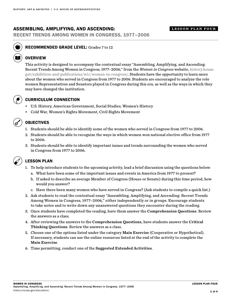 Recent Trends Among Women in Congress, 1977–2006 Lesson Plan