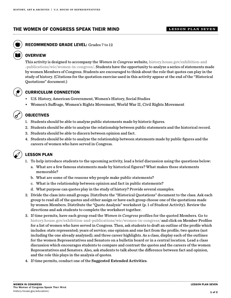 The Women of Congress Speak Their Mind Lesson Plan