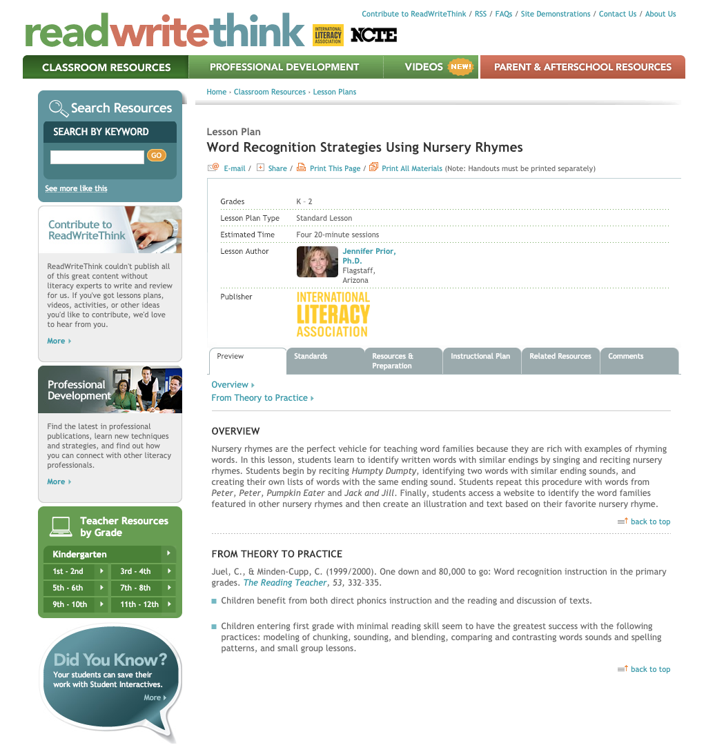 Word Recognition Strategies Using Nursery Rhymes Lesson Plan