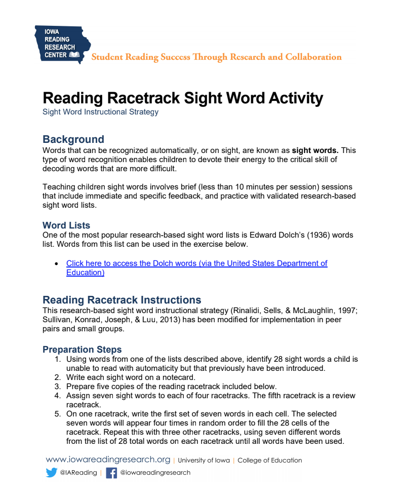 Reading Racetrack Sight Word Activity Lesson Plan