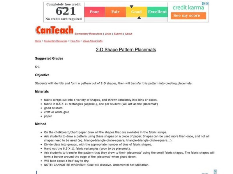 2-D Shape Pattern Placemat Lesson Plan
