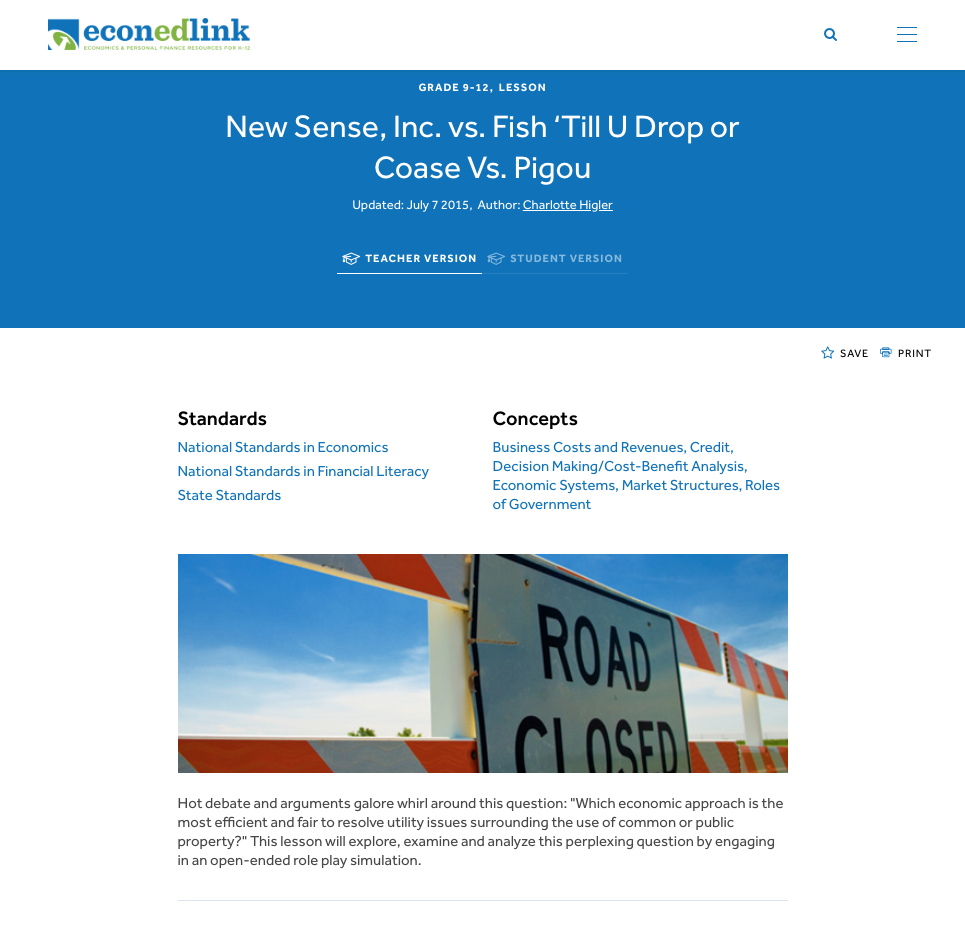 New Sense, Inc. vs. Fish 'Till U Drop or Coase Vs. Pigou Lesson Plan