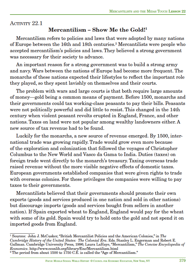 Mercantilists and the Midas Touch Activity