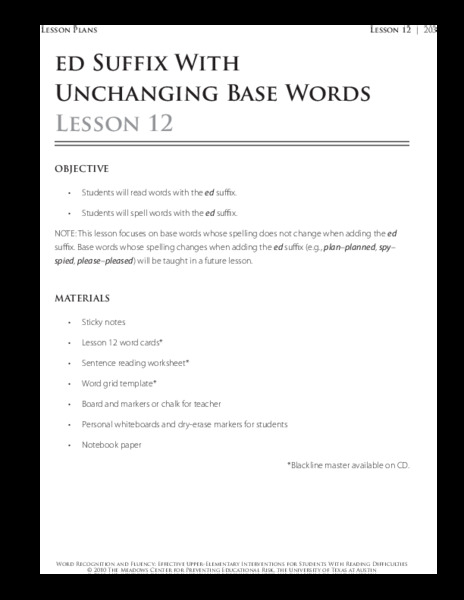 Lesson 12 - Ed Suffix with Unchanging Base Words Lesson Plan