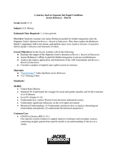 Ken Burns: Jackie Robinson - A Journey Back to Separate but Equal Conditions Lesson Plan