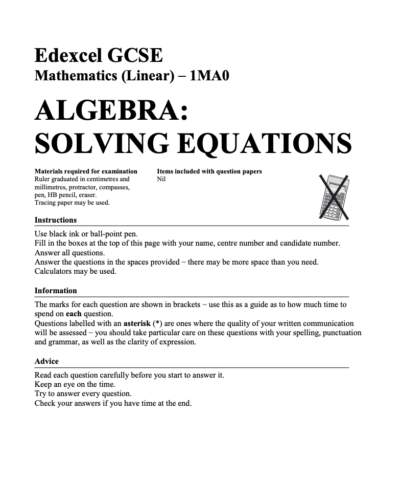 Solving Equations Assessment