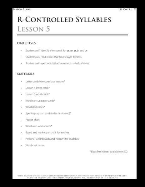 Lesson 5 - R-Controlled Syllables Lesson Plan