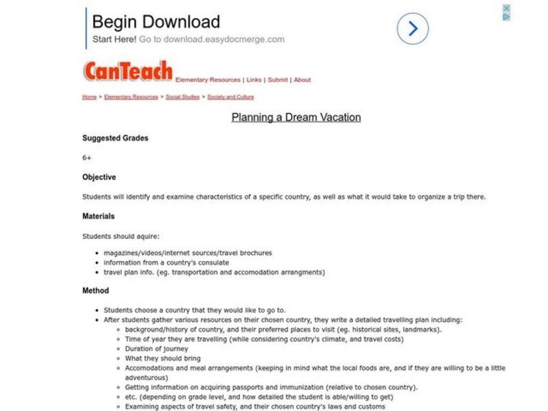 Planning a Dream Vacation Lesson Plan