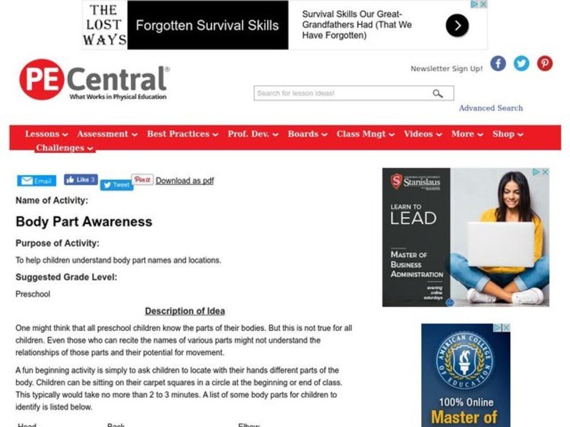 Body Part Awareness Lesson Plan