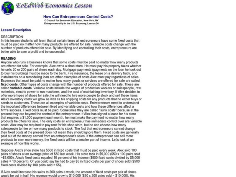 How Can Entrepreneurs Control Costs? Lesson Plan