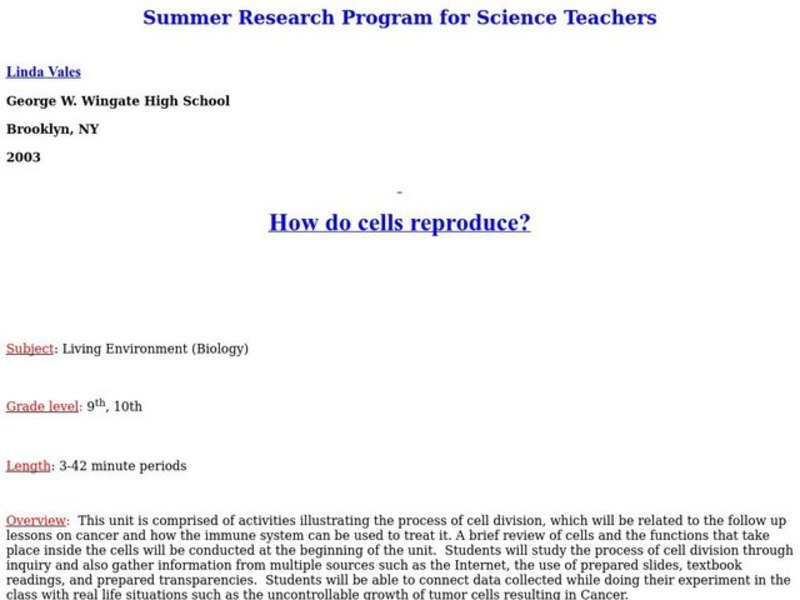 How Do Cells Reproduce? Lesson Plan