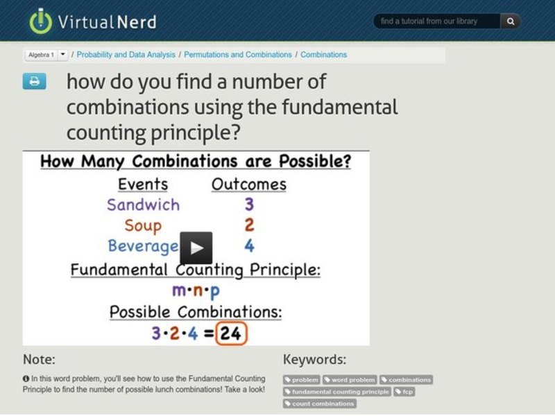 How Do You Find a Number of Combinations Using the Fundamental Counting Principle? Instructional Video