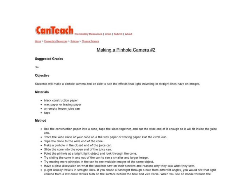 Making a Pinhole Camera #2 Lesson Plan