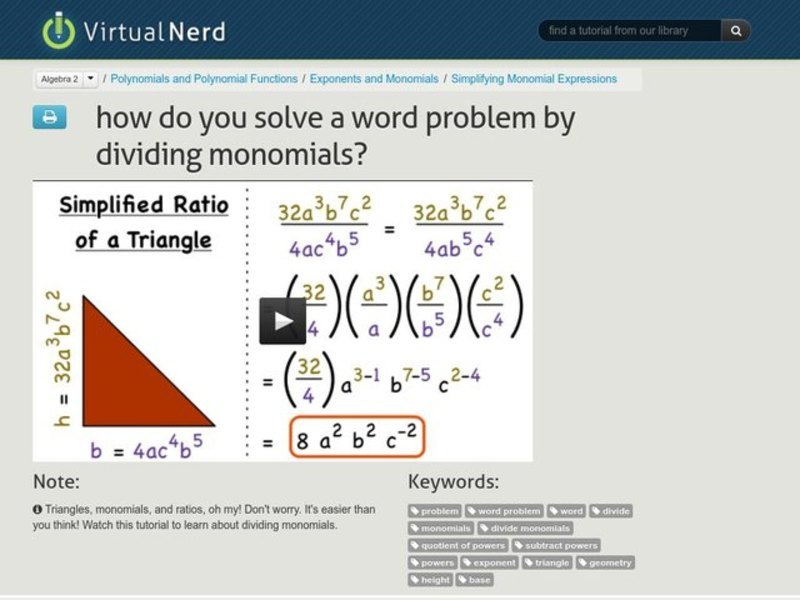 How Do You Solve a Word Problem by Dividing Monomials? Instructional Video