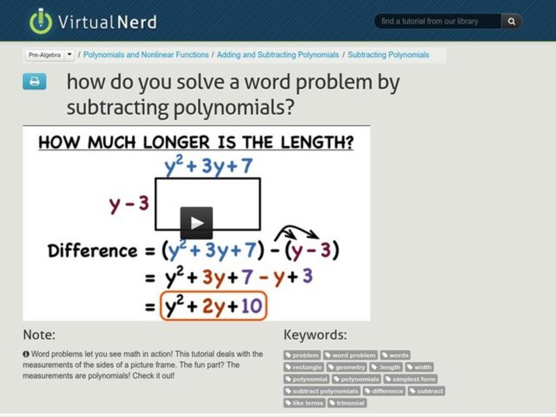 How Do You Solve a Word Problem by Subtracting Polynomials? Instructional Video