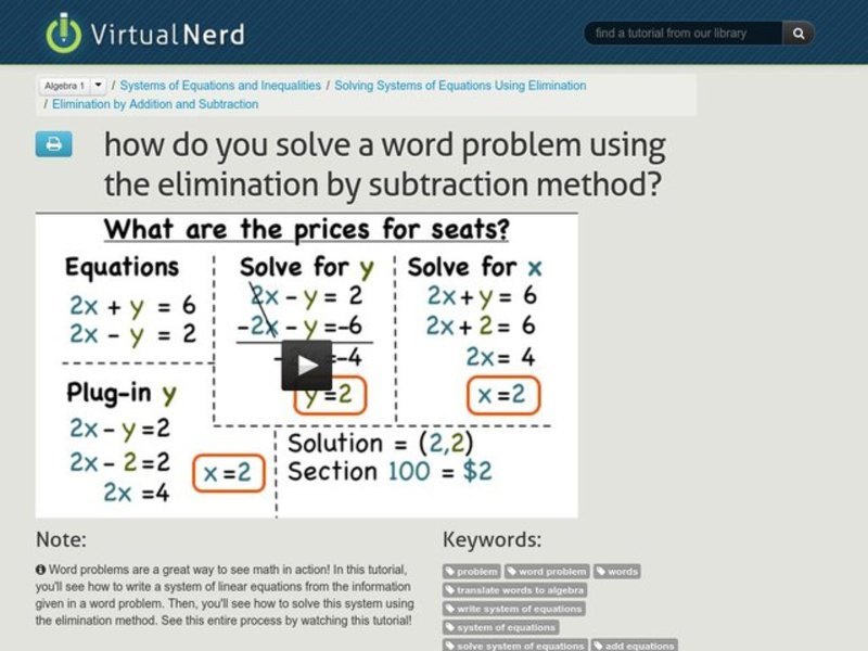 How Do You Solve a Word Problem Using the Elimination by Subtraction Method? Instructional Video