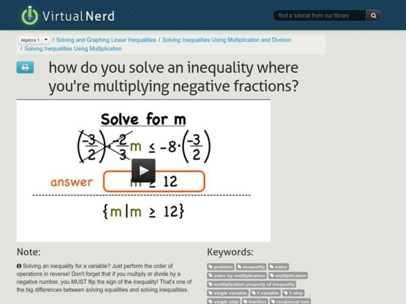 How Do You Solve an Inequality Where You're Multiplying Negative Fractions? Instructional Video