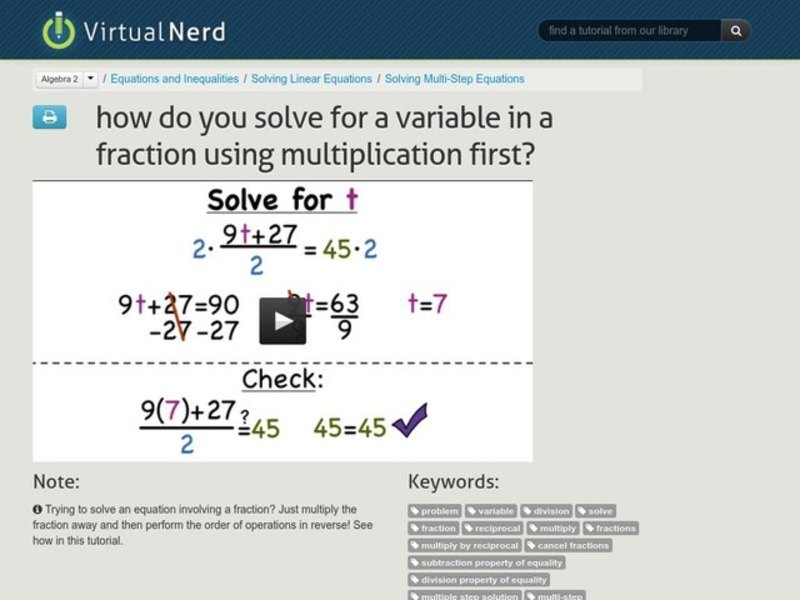 How Do You Solve for a Variable in a Fraction Using Multiplication First? Instructional Video