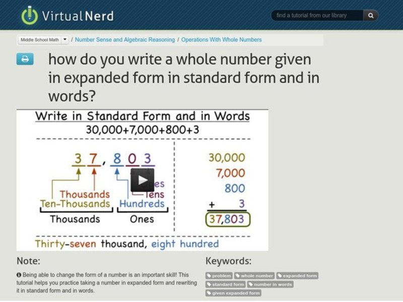 How Do You Write a Whole Number Given in Expanded Form in Standard Form and in Words? Instructional Video