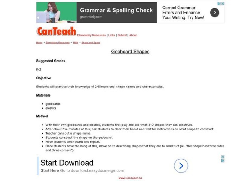 Geoboard Shapes Lesson Plan