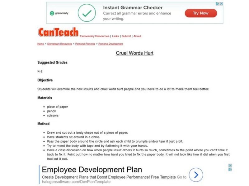Cruel Words Hurt Lesson Plan