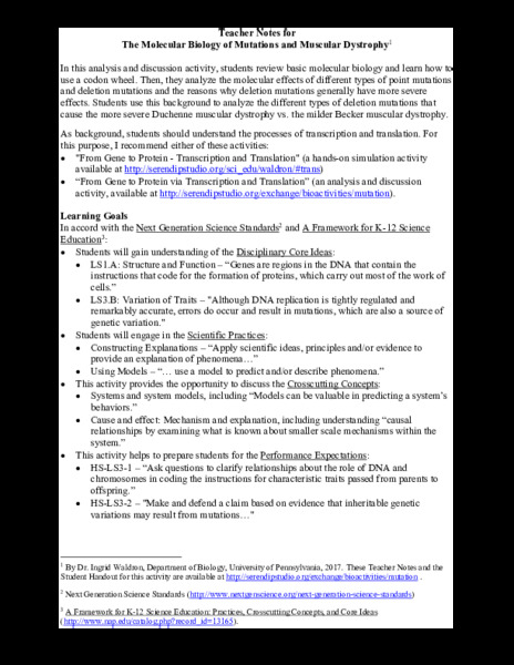 The Molecular Biology of Mutations and Muscular Dystrophy Lesson Plan