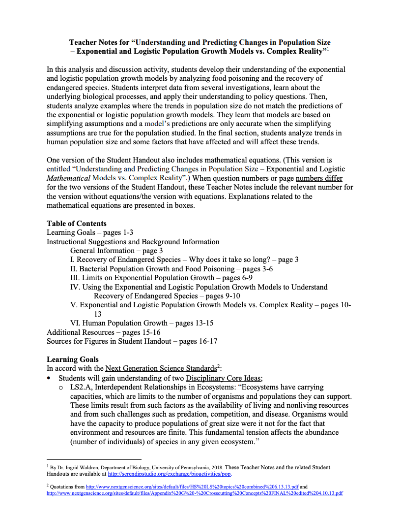 Understanding and Predicting Changes in Population Size – Exponential and Logistic Population Growth Models vs. Complex Reality Lesson Plan