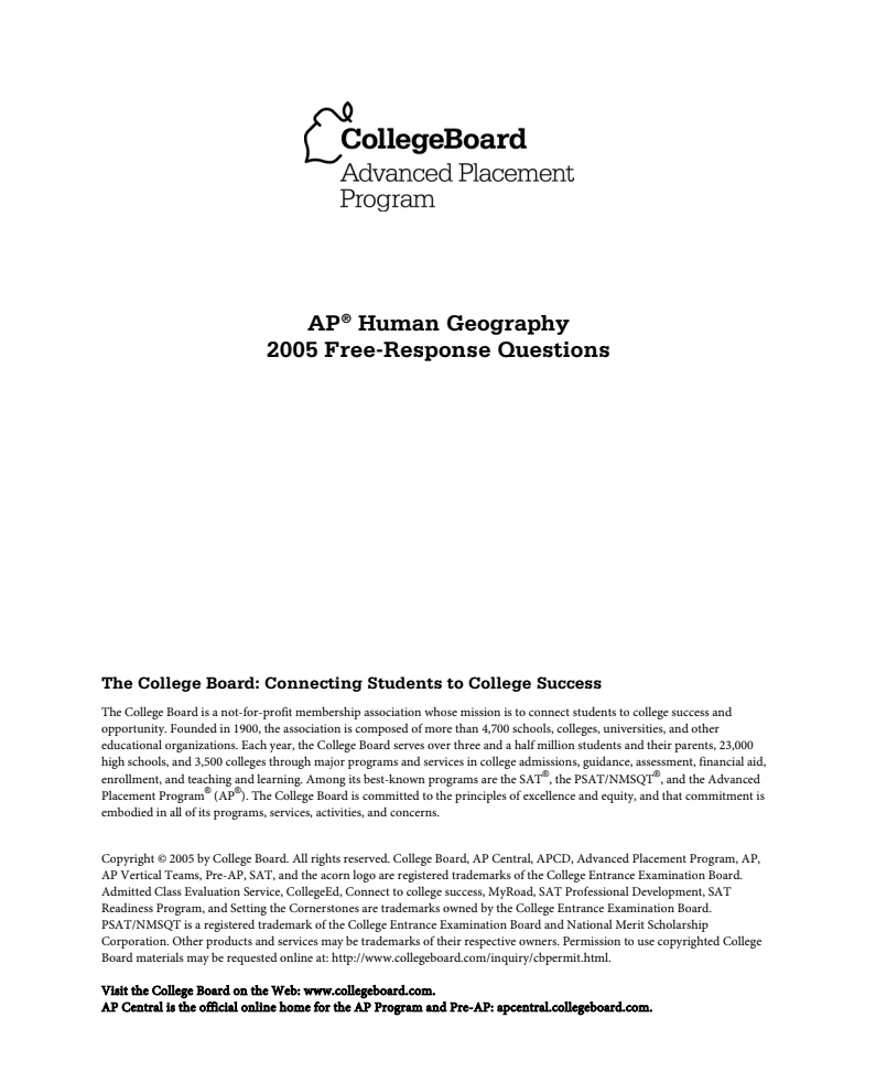 2005 AP® Human Geography Free-Response Questions AP Test Prep