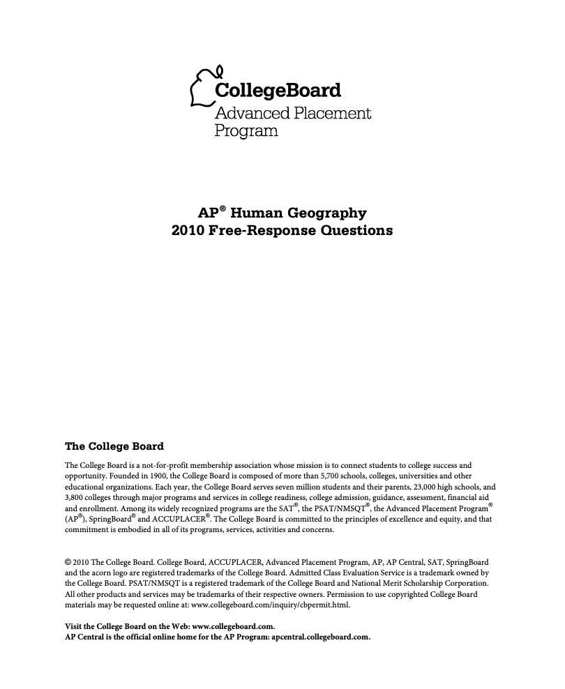 2010 AP® Human Geography Free-Response Questions AP Test Prep