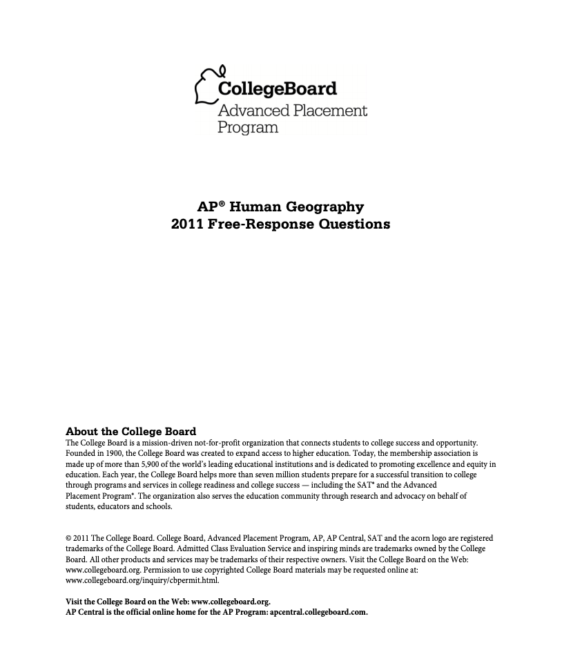 2011 AP® Human Geography Free-Response Questions AP Test Prep