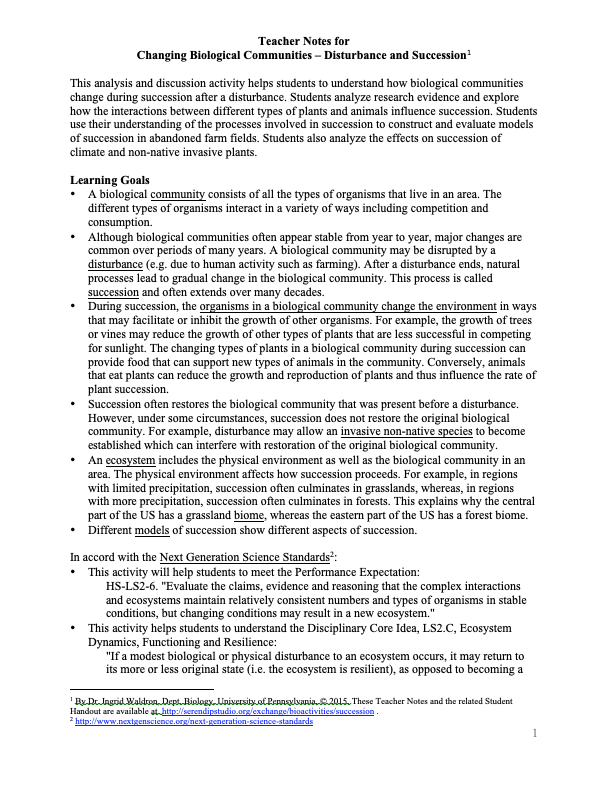 Changing Biological Communities – Disturbance and Succession Lesson Plan