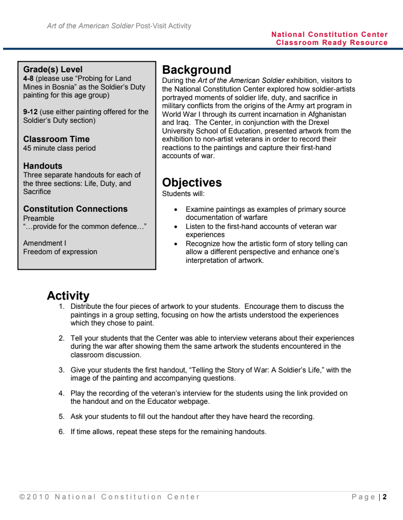 Art of the American Soldier: Stories from the Soldiers Lesson Plan